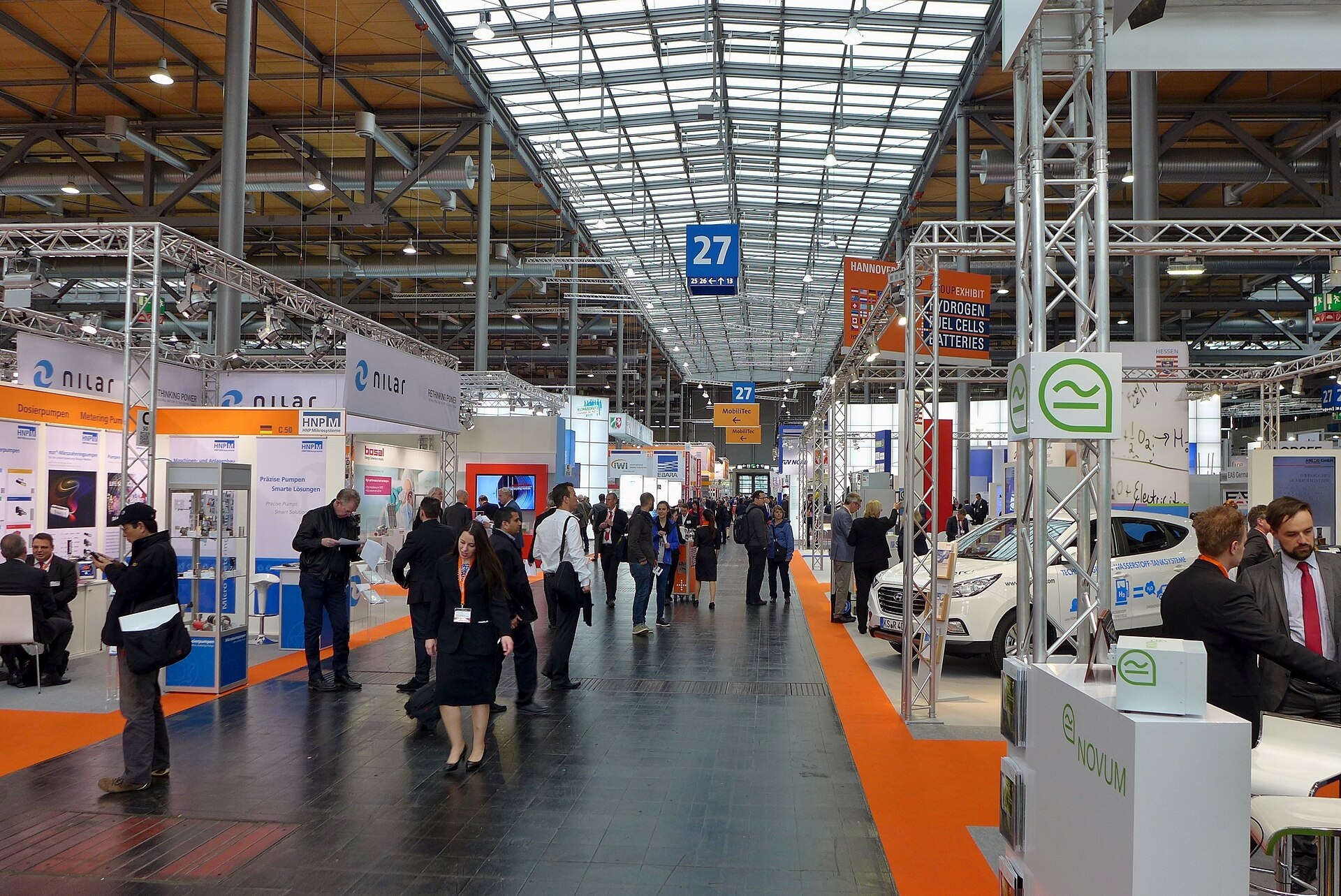 Visitors and exhibition stands inside Hall 27 at Hannover Messe in 2016
