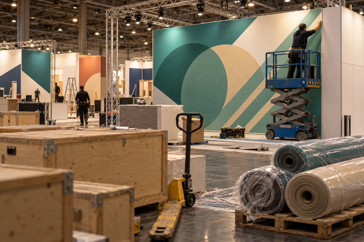 An exhibition stand being built before a show opens, with shipping crates, wrapped carpet rolls and a technician on a scissor lift