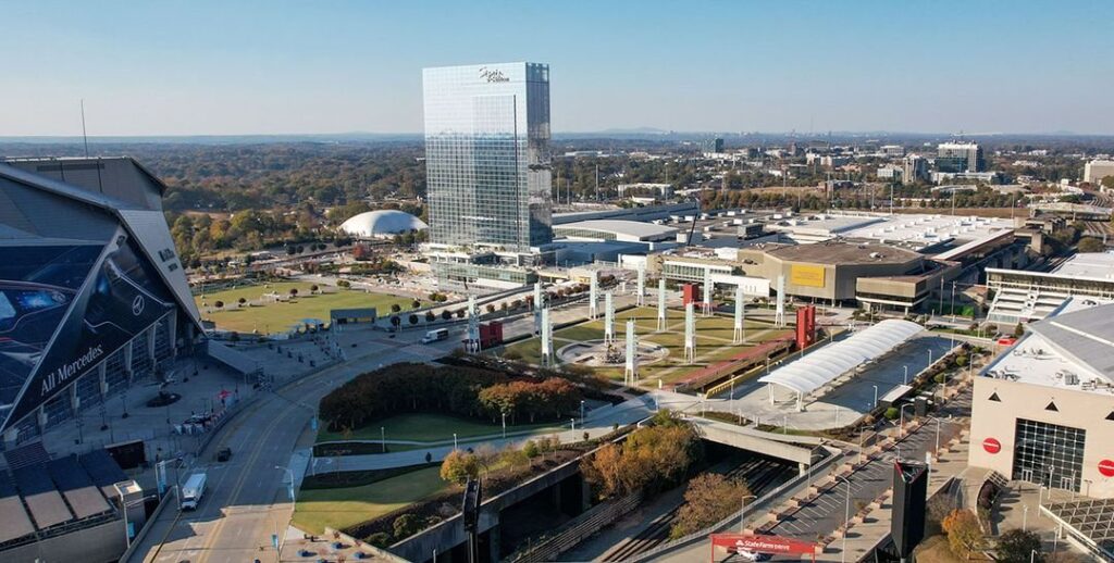 Aerial view of the Georgia World Congress Center campus beside Mercedes-Benz Stadium