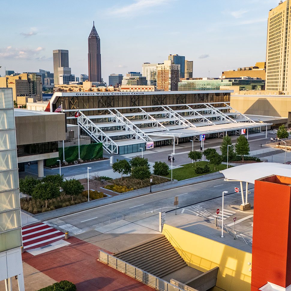 Georgia World Congress Center canopy with the downtown Atlanta skyline