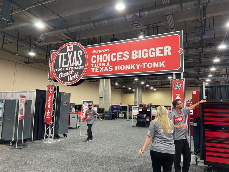 Snap-on Texas Tool Storage Dance Hall arch and signage over tool cabinet displays in a convention hall