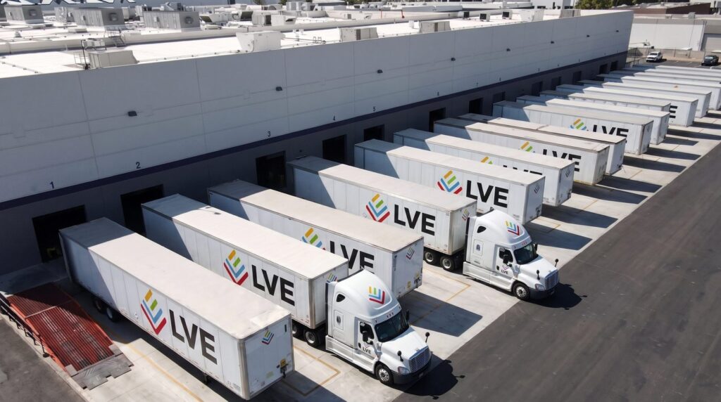 Aerial view of LVE branded trucks and trailers at warehouse loading docks
